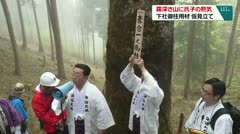 霧深き山に氏子の熱気　下社御柱用材　仮見立て　