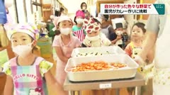 自分たちが作ったいろいろな野菜で園児がカレーづくりに挑戦